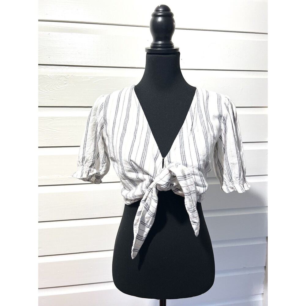Abercrombie & Fitch Woven Tie Front Cropped Shirt Boho White Stripped Small